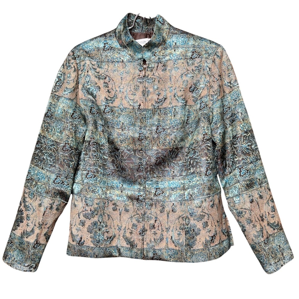Vintage Y2K 90s Abstract Art Jacquard Pattern Button Front Jacket PM Womens Blue